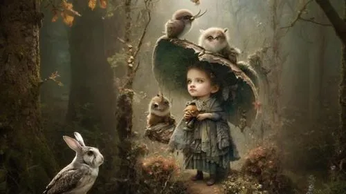 an adorable little girl in the forest with owls,fantasy picture,woodland animals,owl nature,pied piper,children's background,faery