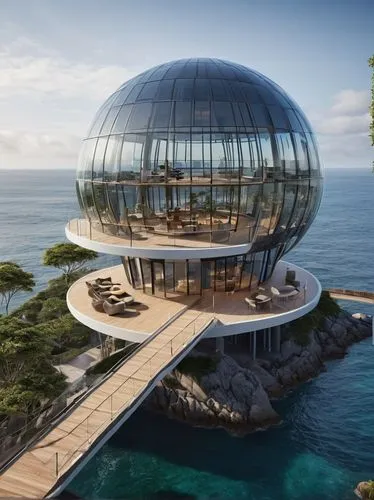 seasteading,island suspended,glass sphere,chemosphere,futuristic architecture,waterglobe,Photography,General,Natural