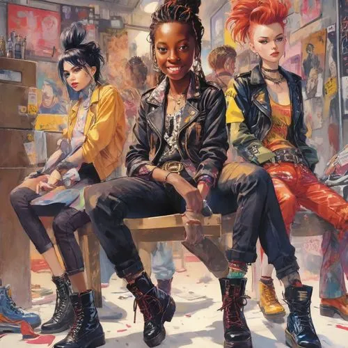  GIRL IS ENDING the night crashing at HER friend's squaD, discussing plans to start THEIR punk zine.,fashion dolls,punk design,punk,sewing pattern girls,designer dolls,fashion street,afro american gir