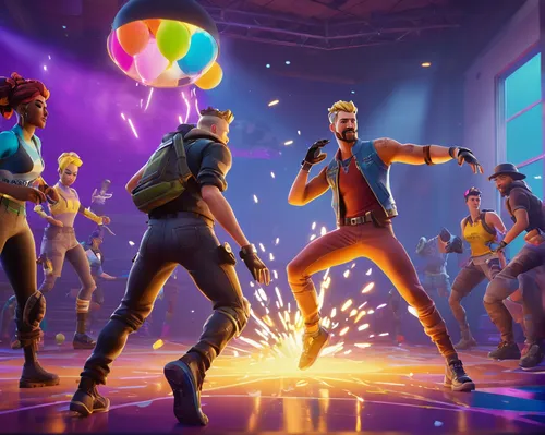 Illustrate a humorous scenario where Fortnite characters engage in a wacky dance-off.,dance club,pyrogames,a party,party banner,fortnite,birthday banner background,community connection,cube background