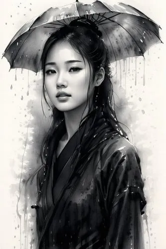 geisha girl,geisha,japanese woman,asian umbrella,in the rain,rainswept,rainy,mulan,asian woman,vietnamese woman,rain,rainy day,zhiyuan,umbrella,rainwear,japanese art,zhu,rained,xiaofei,oriental girl,Illustration,Paper based,Paper Based 30