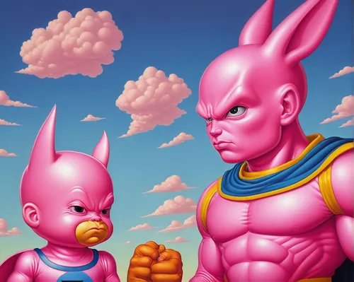 pink family,workout icons,nikuman,bubble gum,dragonball,man in pink,dragon ball,painting easter egg,confrontation,homer simpsons,pink double,modern pop art,pink elephant,piglet,game art,dragon ball z,pink balloons,father and son,easter background,cool pop art,Illustration,Retro,Retro 16