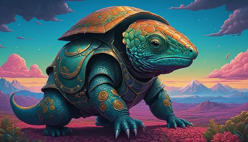 Imagine a fantasy world where magical creatures wear living carapaces as armor. Describe the unique powers and abilities associated with each creature.,komodo,terrapin,tortoise,pachycephalosaurus,anky