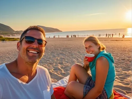 a friendly family of four sits en la playa, laughing and enjoying the sweet treat of the sunshine. The father, wearing a red t-shirt and shorts, sits beside his wife, sipping a cup of tea and enjoying