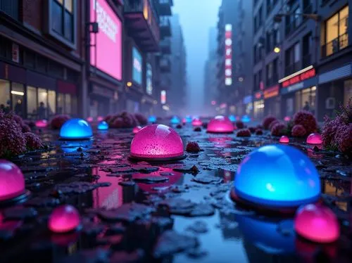 3d render,cinema 4d,waterdrops,droplets,bokeh,colored lights,microdistrict,water drops,puddles,drops,microcosms,colorful water,floats,canals,urbanworld,lowpoly,3d rendered,flooded pathway,neon candies,poured