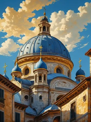 Baroque-style cupola, intricate stone carvings, ornate golden decorations, grandiose dome shape, surrounding buildings with Renaissance-inspired facades, vibrant Italian flags waving gently, blue sky 