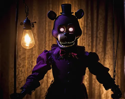 shadow puppet, Five Nights at Freddy's 3, animatronic, mysterious pose, glowing white eyes, dark silhouette, purple-black texture, string puppet, eerie, haunted attraction, Fazbear's Fright, spooky am