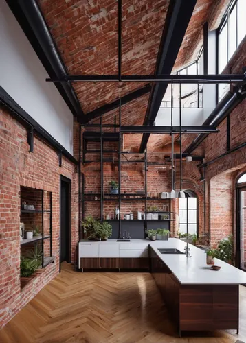 loft,tile kitchen,red brick,brick house,modern kitchen,kitchen design,modern kitchen interior,wooden beams,sand-lime brick,red bricks,modern office,kitchen interior,kitchen block,chefs kitchen,big kitchen,wooden windows,industrial design,hardwood floors,brickwork,kitchen,Illustration,Japanese style,Japanese Style 05