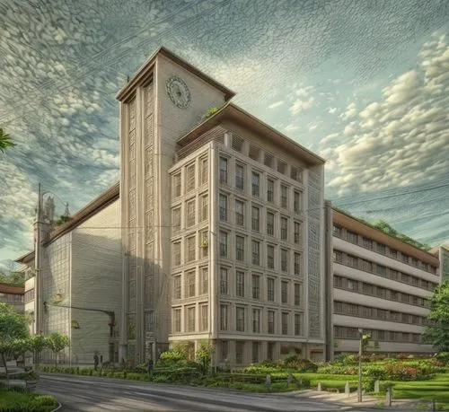 vegetation with tall trees, flowered grass and ivy on the buildings,shenzhen vocational college,biotechnology research institute,kansai university,university hospital,pan pacific hotel,universiti mala