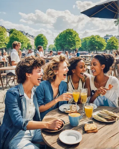 Kim Riekenberg laughing with friends at a trendy outdoor cafe.,women at cafe,virtuelles treffen,restaurants online,outdoor dining,viennese cuisine,fridays for future,apéritif,restaurants,beer garden,w