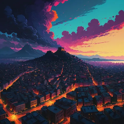 vesuvius,volcano,honolulu,mount vesuvius,dusk,cityscape,ancient city,volcanic,dusk background,gunkanjima,above the city,meteora,lava,kyoto,fantasy city,colorful city,panoramical,barcelona,pompeii,world digital painting,Conceptual Art,Fantasy,Fantasy 32