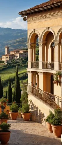 Early Renaissance architecture, grandeur palace, ornate facade, rusticated stone walls, arched windows, Corinthian columns, sculpted decorations, terracotta rooftops, ornamental balconies, grand entra