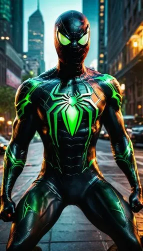 the image shows a sleek black spiderman with a fierce expression and a glowing green fang ,a man in spider - man suit standing on the sidewalk,superhero background,mysterio,hal,volthoom,jdf,electro,Ph