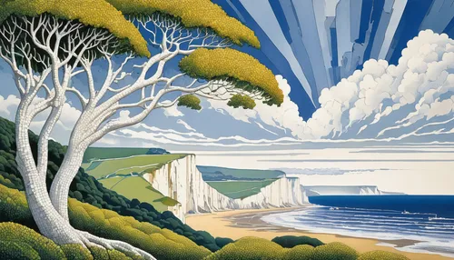 chalk cliff,white cliffs,gower,coastal landscape,george russell,travel poster,olle gill,dorset,seven sisters,francis barlow,beach landscape,sussex,landscape with sea,carol colman,martin fisher,art deco,the twelve apostles,cliff coast,la perouse,george paris,Illustration,Vector,Vector 18