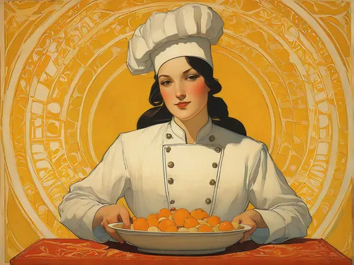 woman holding pie,chef,art deco woman,tangerines,girl with cereal bowl,cointreau,cooking book cover,caterer,capellini,risotto,cayenne,aperol,oranges,cheese puffs,girl in the kitchen,men chef,chef's uniform,girl with bread-and-butter,cavatappi,vintage illustration,Illustration,Retro,Retro 07