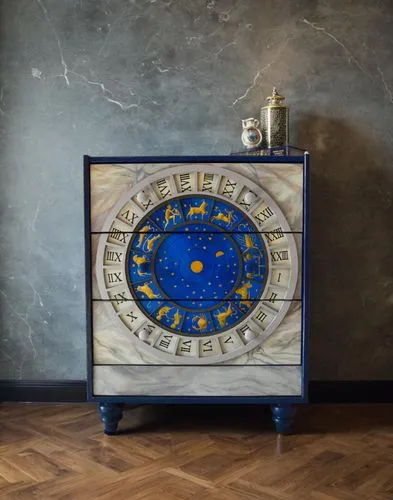 chest of drawers in a blue marble room ,european union,euro sign,astronomical clock,eur,sideboard,cabinet,antique sideboard,euro,enamelled,constellation pyxis,chest of drawers,orrery,euro coin,euro ce