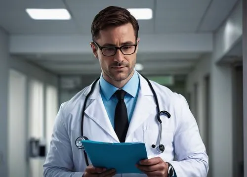 Male doctor, 30s, muscular build, short brown hair, glasses, gentle smile, white coat, blue shirt, black tie, stethoscope around neck, holding a medical chart, standing in a modern hospital, bright fl