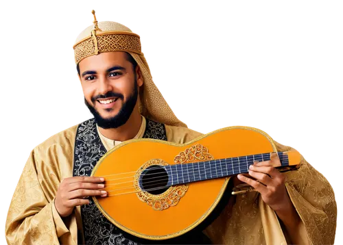 Arabic musician, Eid celebration, traditional clothing, intricate patterns, oud instrument, shiny surface, ornate decorations, joyful expression, festive atmosphere, warm lighting, close-up shot, 3/4 