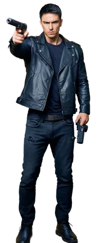 Shooter, male, muscular, aggressive facial expression, short black hair, scar above left eyebrow, black leather jacket, white T-shirt, ripped jeans, combat boots, holding gun, intense gaze, dynamic po