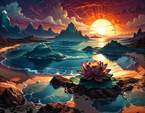 mesmerizing lotus,beautiful image with a water lily in front of a sunset,cartoon video game background,mushroom landscape,fantasy landscape,flower in sunset,kaleidoscape,hoenn,Illustration,Realistic F