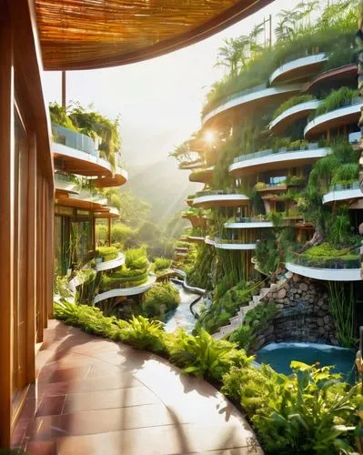 fallingwater,futuristic architecture,ecotopia,tropical house,asian architecture,ecovillage,amanresorts,ecovillages,earthship,shangrila,uluwatu,interlace,hainan,shangri,terraformed,futuristic landscape,yamatai,garden design sydney,biopolis,landscape designers sydney,Illustration,Realistic Fantasy,Realistic Fantasy 37