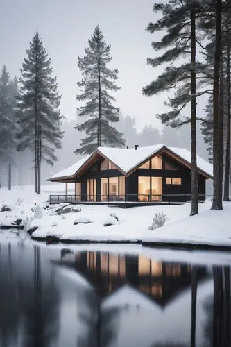 winter house,the cabin in the mountains,small cabin,winter lake,log cabin,summer cottage,snow shelter,house with lake,snowy landscape,render,house in the forest,inverted cottage,forest house,winter landscape,snow house,log home,snow landscape,cottage,boathouse,winter dream,Photography,Black and white photography,Black and White Photography 15