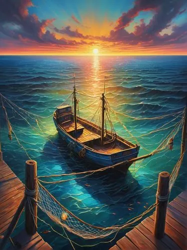 boat landscape,old wooden boat at sunrise,sea sailing ship,sea fantasy,boat on sea,sailing ship,Illustration,Realistic Fantasy,Realistic Fantasy 18