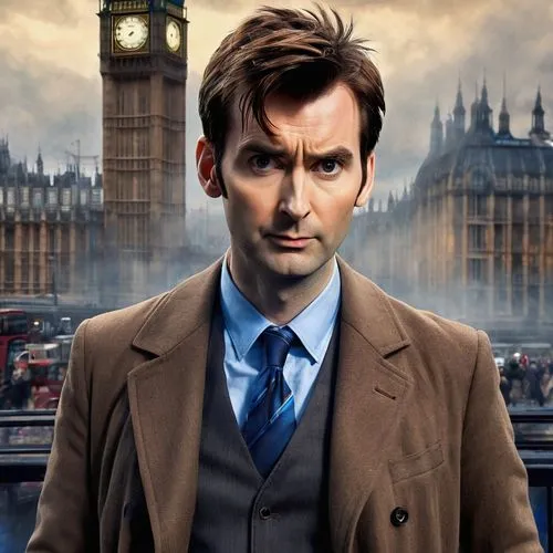 David Tennant, 10th Doctor, sonic screwdriver, brown suit, blue shirt, black Converse shoes, messy brown hair, intense gaze, serious expression, time-traveling, saving the world, standing heroically, 