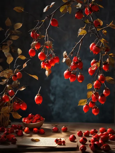 Write a poem about the ripened rose hips, a symbol of bountiful autumn.,red berries,autumn fruits,autumn fruit,rosehips,autumn still life,seasonal autumn decoration,rowanberry,ripe rose hips,autumn je