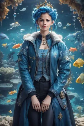 fantasy portrait,fish-surgeon,the sea maid,seafarer,aquanaut,underwater background,fantasy picture,aquarius,winterblueher,portrait background,female doctor,biologist,atlantis,god of the sea,cg artwork,world digital painting,blue fish,aquatic,rusalka,steampunk,Photography,Realistic