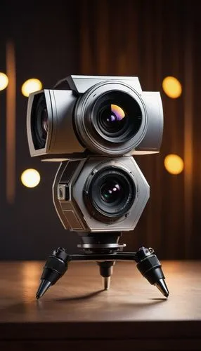 Futuristic camera, sleek metallic body, angular lines, silver accents, LED lights, rotating lens, adjustable tripod, modern studio, minimalist background, wooden floor, abstract geometric shapes, warm