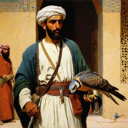 An Arab man with a hunting falcon in his hand,mohammedmian,nasimi,orientalist,falconers,falconer,saladin,sabaean,qatada,pericard,orientalism,hammami,muhyadin,khaldiyah,emirati,ghaznavids,haqiqatjou,qa