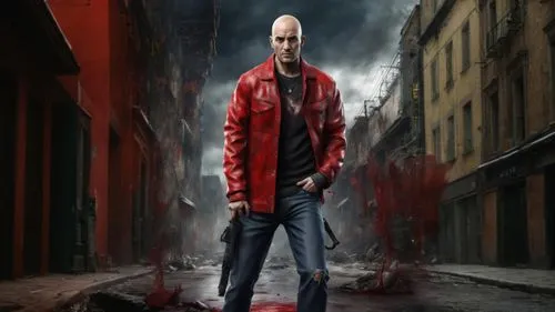 a man in a red leather jacket with a gun on his hand,cambiasso,draiman,gravesen,mieville,saitov,statham