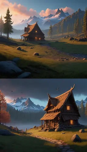 fantasy landscape, Valheim-inspired, Viking settlement, wooden longhouses, mead halls, stone towers, misty forests, rugged mountains, fjords, drakkar ships, Norse mythology, ambient occlusion, volumet