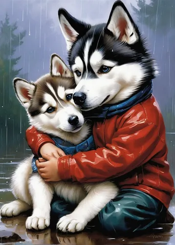 Paint a picture of a cute husky cuddling with a child on a rainy day, bringing warmth and happiness.,huskies,wolf couple,rain cats and dogs,companion dog,companionship,rainy day,cute cartoon image,boy