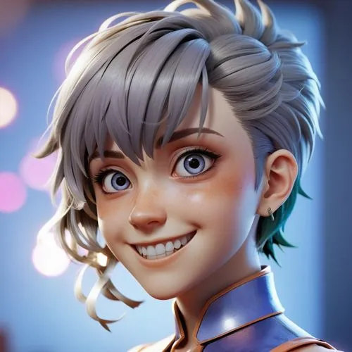 all rendered in 3d, anime style head, with punk haircut with side shave, with exposed ears and a big smile, futuristic suit,a 3d woman with blue eyes wearing a purple dress,franziska,tracer,miriori,ka