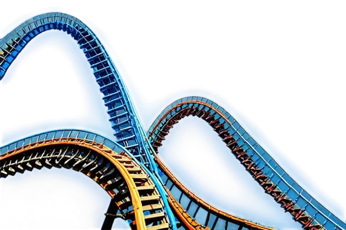 Thrilling roller coaster, amusement park, sunny day, bright blue sky, steep drop, sharp turn, loop-the-loop, vibrant colors, metallic structure, worn wooden seats, safety bars, excited riders, screami