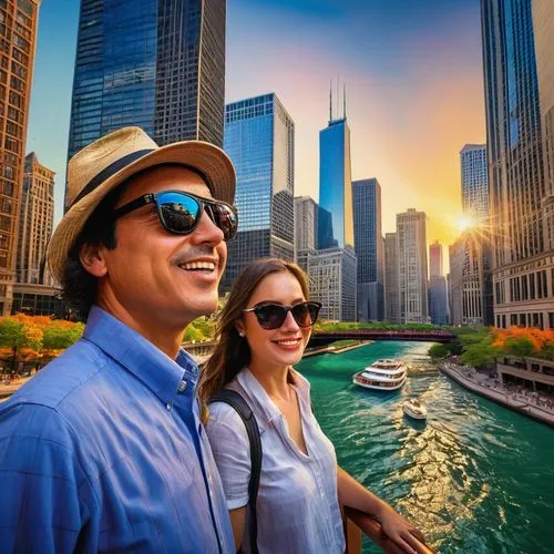 Chicago, modern skyscrapers, reflective glass windows, Riverwalk, evening time, golden hour, sunset, river cruise, speedboat, tourists, happy faces, sunglasses, summer hats, casual wear, smartphones, 