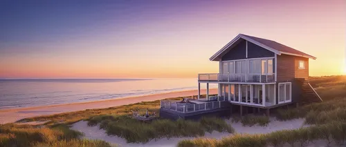 Describe a peaceful beach house at sunset.,beach hut,dunes house,lifeguard tower,dune ridge,sylt,beach house,cape cod,cube stilt houses,beach huts,hatteras,beachhouse,knokke,floating huts,summer house