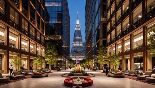 Luxurious skyscraper, metallic latticework, ornate bronze details, polished marble floors, glossy terrazzo walls, vibrant geometric patterns, inlaid wood furnishings, curved glass windows, chrome acce