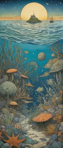 ocean floor,underwater landscape,seabed,coral reefs,sea-life,coral reef,marine biology,undersea,the bottom of the sea,ocean pollution,seamount,deep sea,marine diversity,marine life,ocean underwater,under sea,long reef,sea creatures,exploration of the sea,underwater background,Illustration,Retro,Retro 23