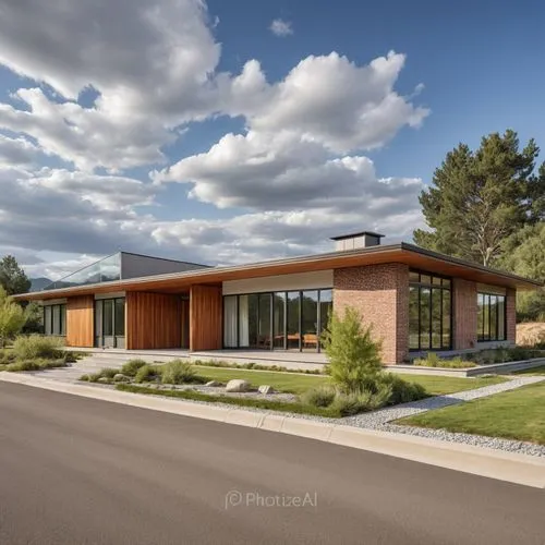 a couple of homes in front of a blue sky with clouds,mid century house,mid century modern,modern house,dunes house,modern architecture,vivint,Photography,General,Realistic