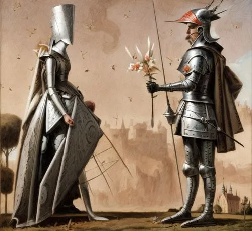 Don QUIXOTE in armor, with an open visor and a large mustache gives a bouquet of flowers to the white chess queen in an expensive medieval dress and high headdress. The couple stands opposite each oth