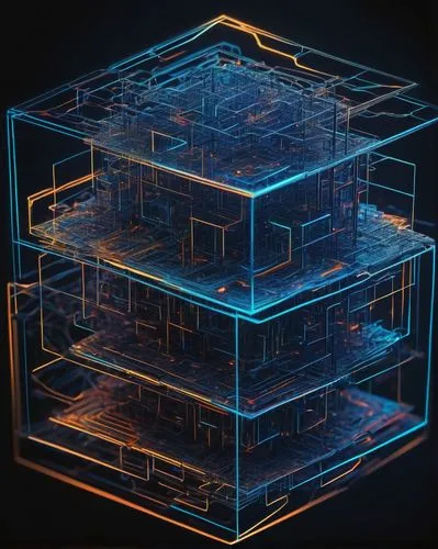 Neural network diagram, PyTorch framework, complex model architecture, abstract 3D visualization, glowing blue lines, transparent cubes, futuristic ambiance, dark background, subtle gradient effects, 