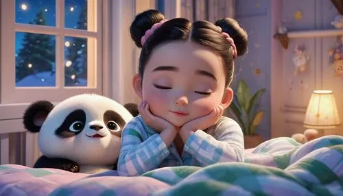 A cute baby girl with double braids bun, front bands, black hair, wearing pajamas, eyes closed. she is sleeping with a baby panda, round head, big eyes. On the bed, plaid blanket, the window behind is