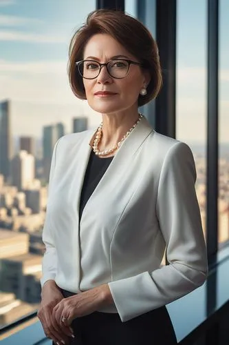 Middle-aged, mature lady, bespectacled, short brown hair, subtle makeup, formal black suit, white blouse, pearl necklace, high heels, standing confidently, luxurious modern office, glass wall, citysca