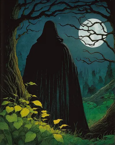 Write a dark fantasy story involving a mysterious motif,halloween poster,grimm reaper,bram stoker,forest man,halloween illustration,grim reaper,jrr tolkien,mystery book cover,druids,black forest,the w