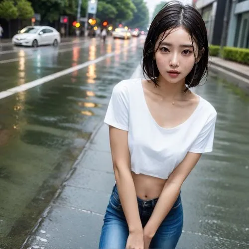 흰색 면티, 청바지,phuquy,in the rain,white shirt,asian girl,seo,japanese idol,korean,asian woman,asian,songpyeon,korea,asia,cotton top,on the street,rainy,wet,hong,japanese woman,asian umbrella,wet girl