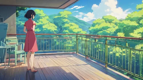 summer day,summer evening,balcony,sky apartment,red summer,summer sky,overlook,window sill,in the summer,summer,scenery,atmosphere,spring morning,windowsill,sunny day,houseboat,idyllic,veranda,morning light,summersun,Illustration,Japanese style,Japanese Style 03