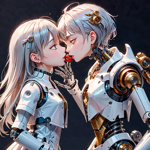 robots,robotics,robot combat,smooch,robotic,kiss,girl kiss,affection,making out,ai,sisters,kissing,two girls,robot,artificial intelligence,duet,first kiss,machines,cybernetics,hands holding,Anime,Anime,General